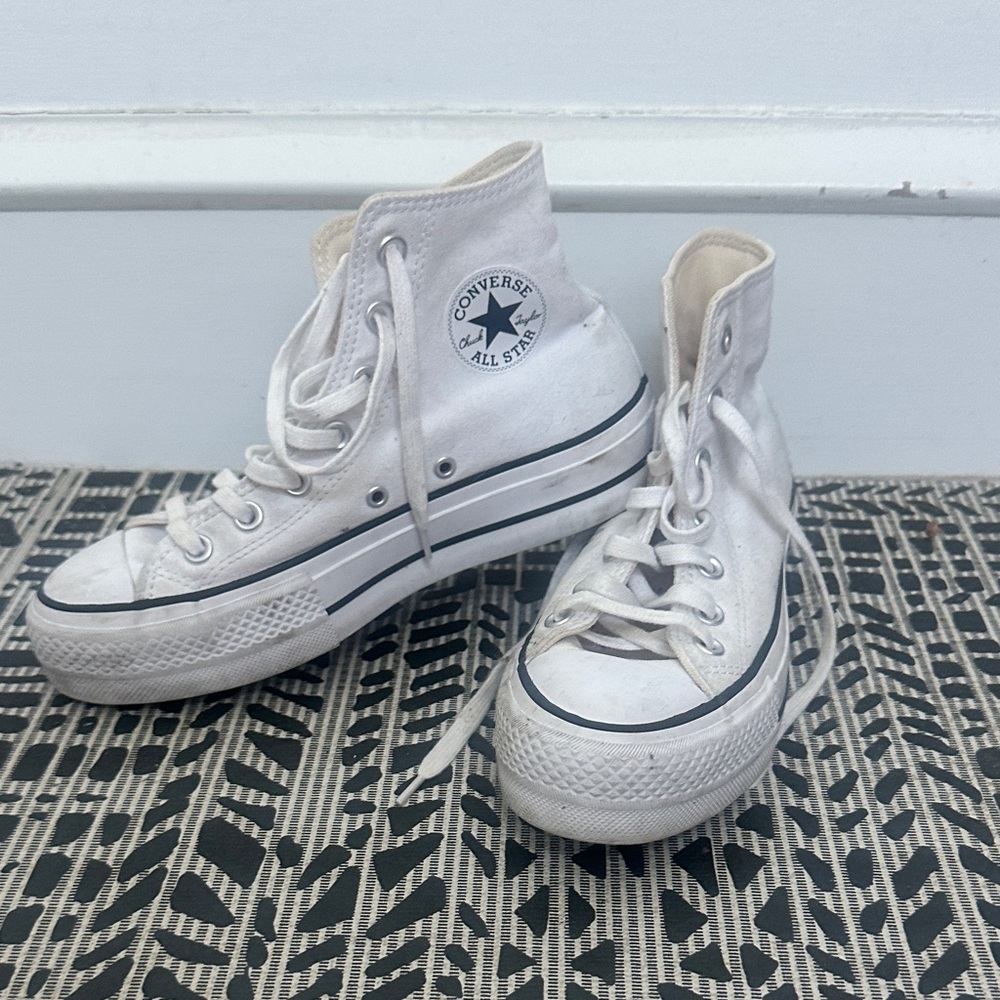 Converse White High Top platform Sneakers with Black Stripe